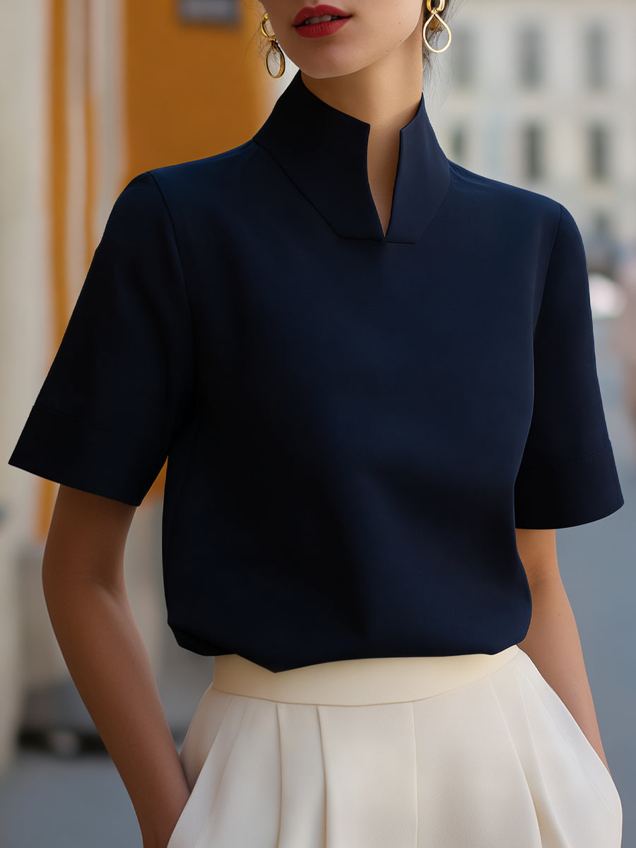 Women's Stand Collar Short Sleeve Structured Blouse