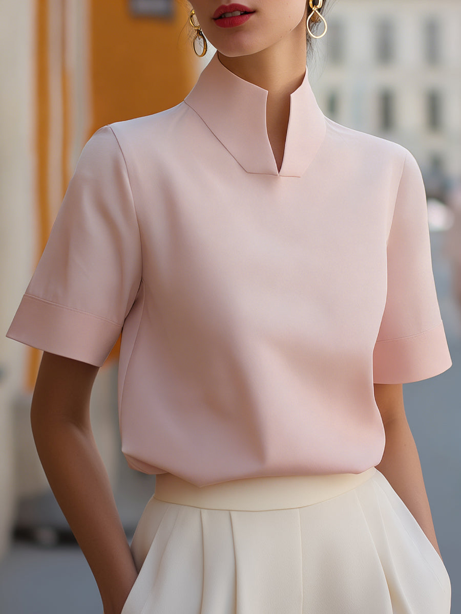 Women's Stand Collar Short Sleeve Structured Blouse