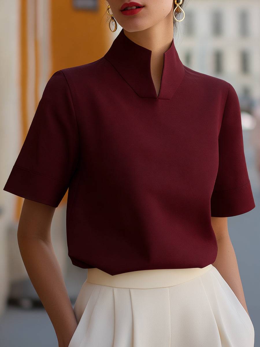 Women's Stand Collar Short Sleeve Structured Blouse