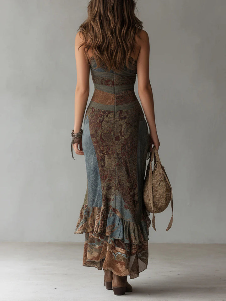 Women's Ethnic Print One Shoulder Maxi Dress High Slit