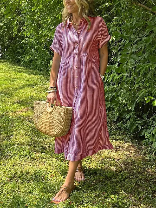 Women's Striped Button Front Midi Shirt Dress Short Sleeve