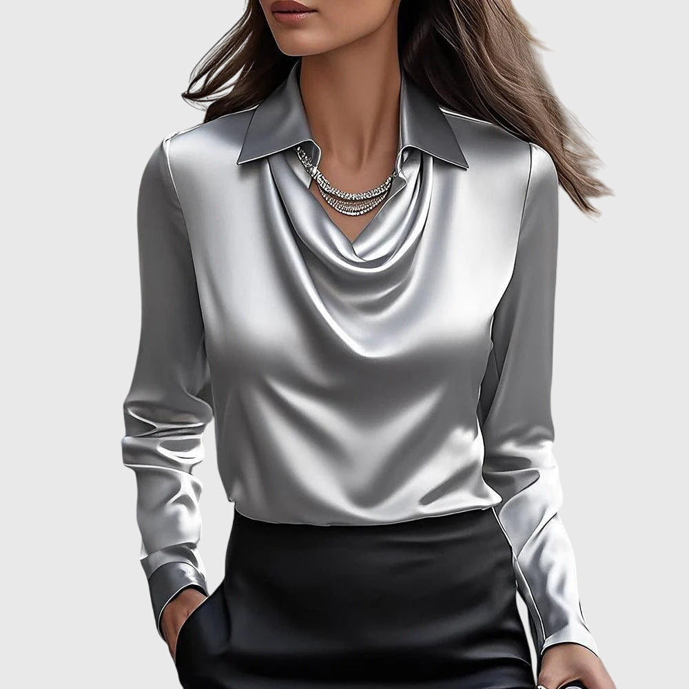 Women's Satin Cowl Neck Blouse with Long Sleeves