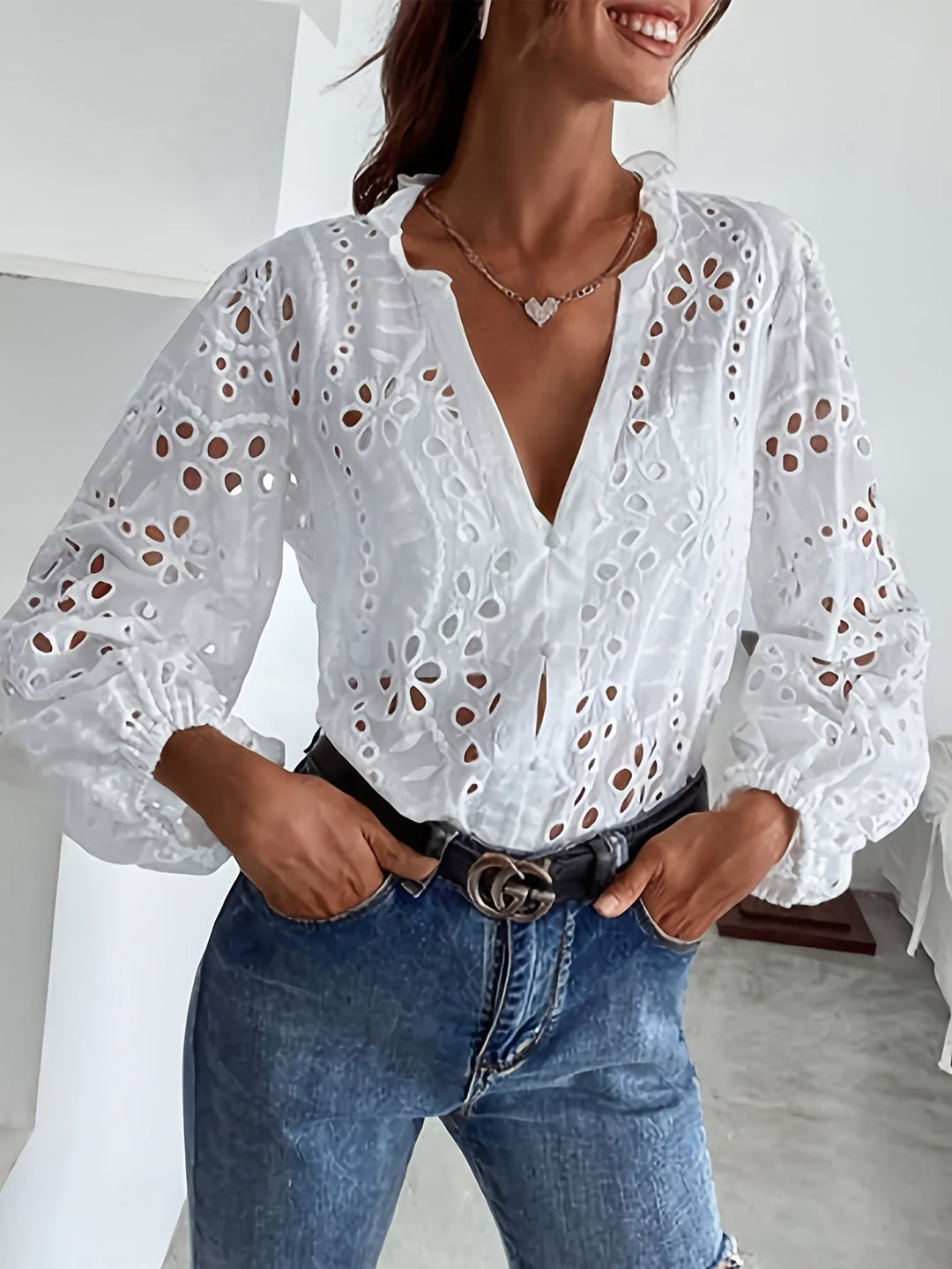 Women's Embroidered Eyelet Blouse with Long Sleeves