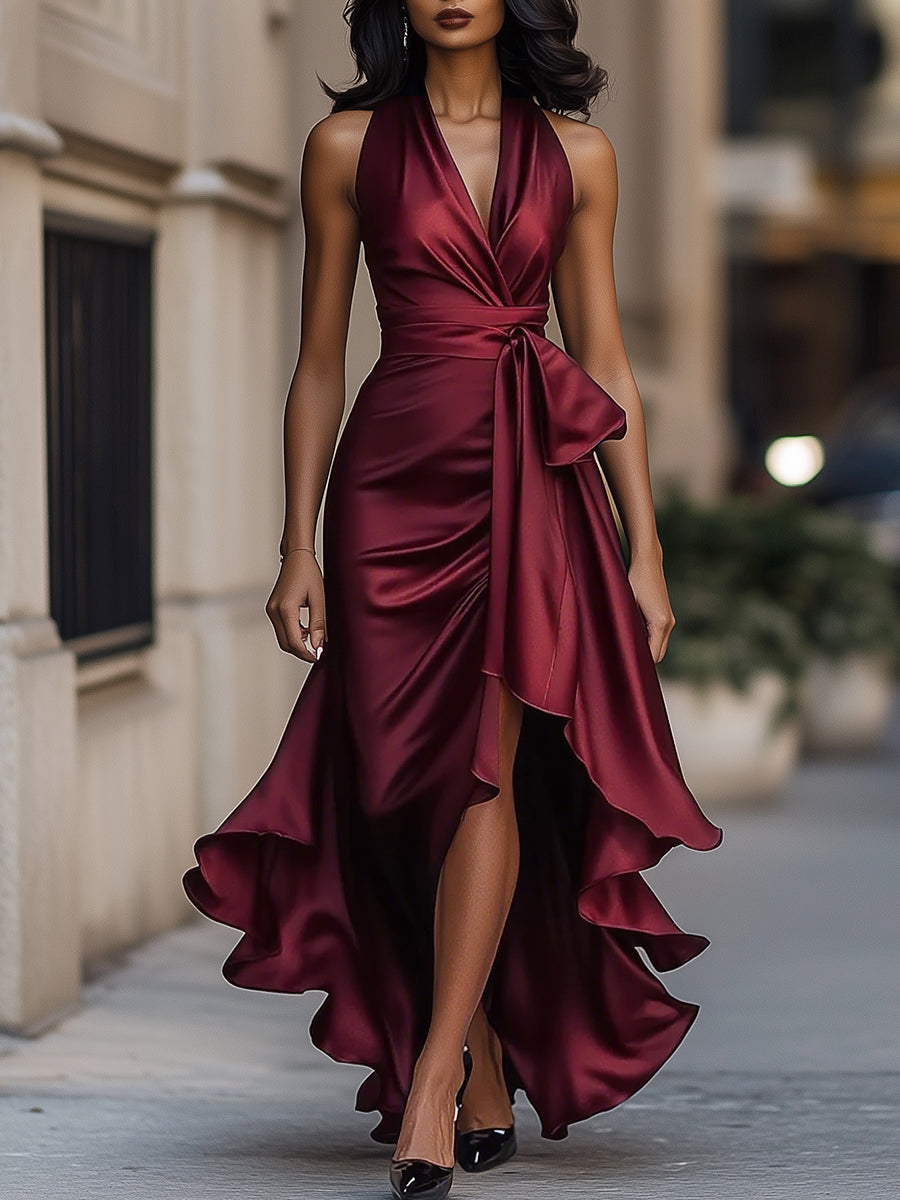 Women's Satin Halter Neck Ruffle Gown with High-Low Hem