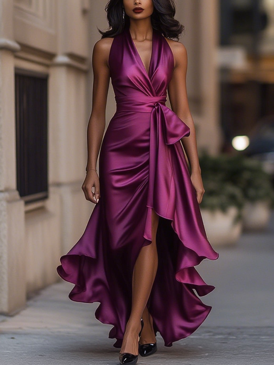 Women's Satin Halter Neck Ruffle Gown with High-Low Hem