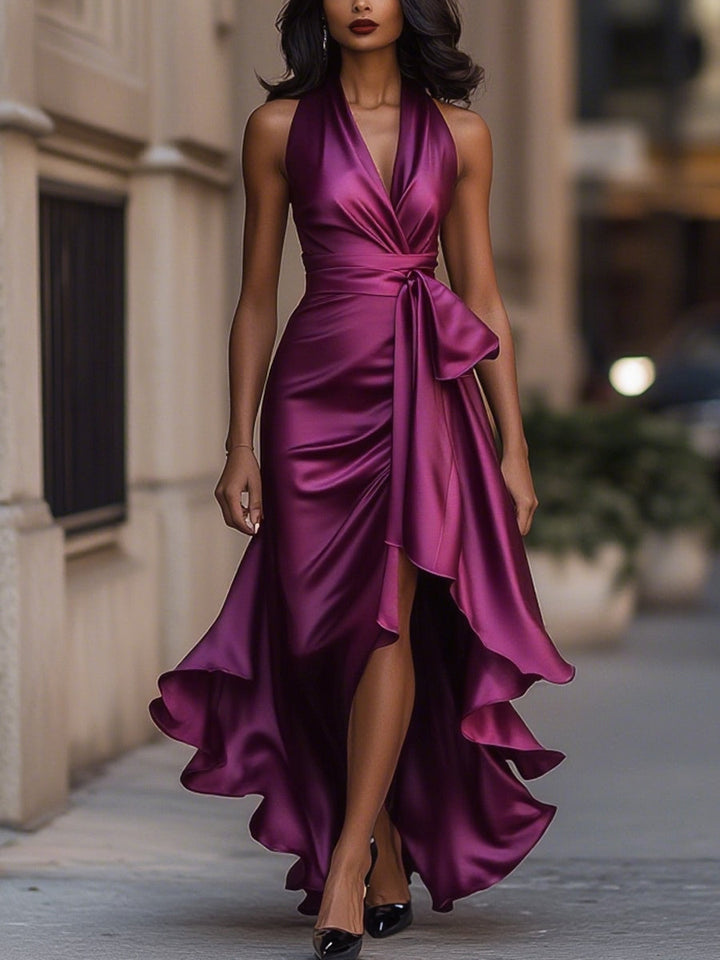 Women's Satin Halter Neck Ruffle Gown with High-Low Hem