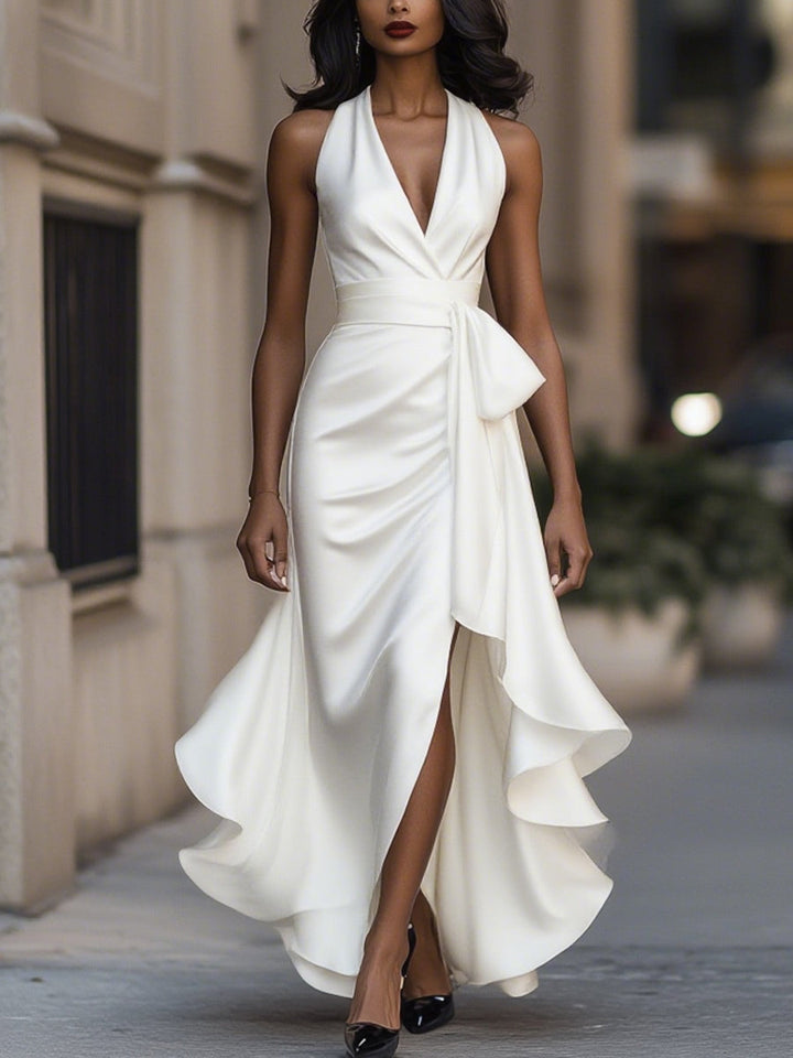 Women's Satin Halter Neck Ruffle Gown with High-Low Hem