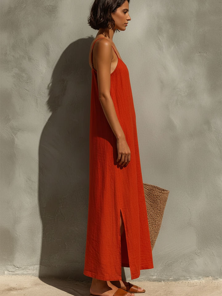 Women's Cotton Maxi Dress Spaghetti Strap Square Neck