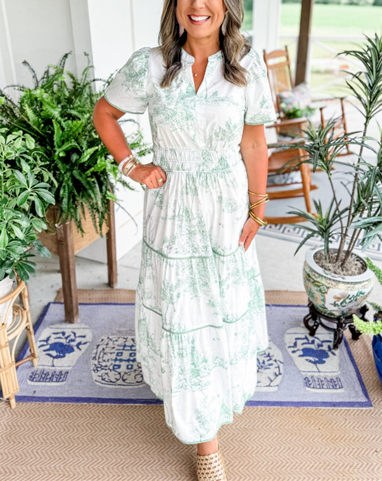 Women's Toile Print Tiered Maxi Dress with Smocked Waist