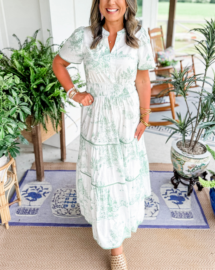 Women's Toile Print Tiered Maxi Dress with Smocked Waist