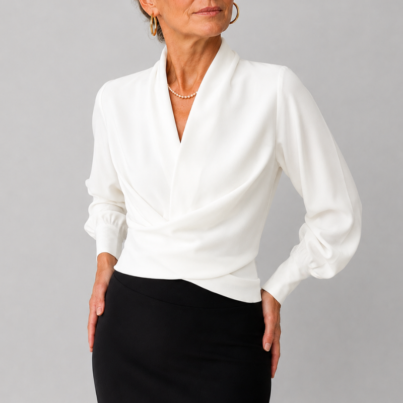 Women's Satin Wrap Blouse V-Neck Long Sleeve Top