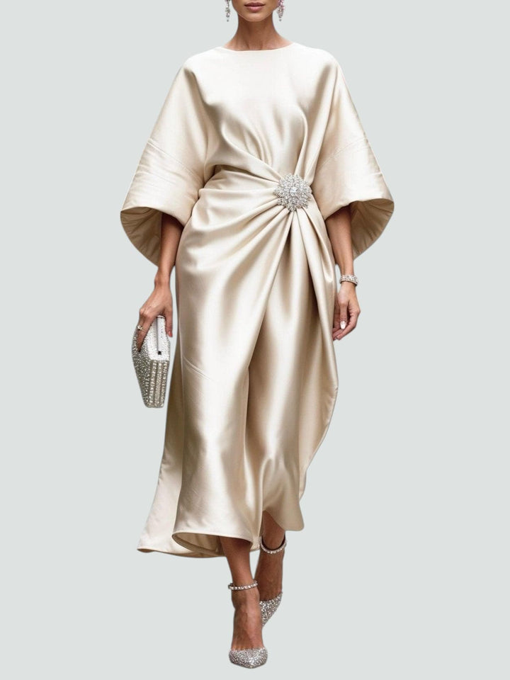 Women's Satin Batwing Sleeve Brooch Midi Dress