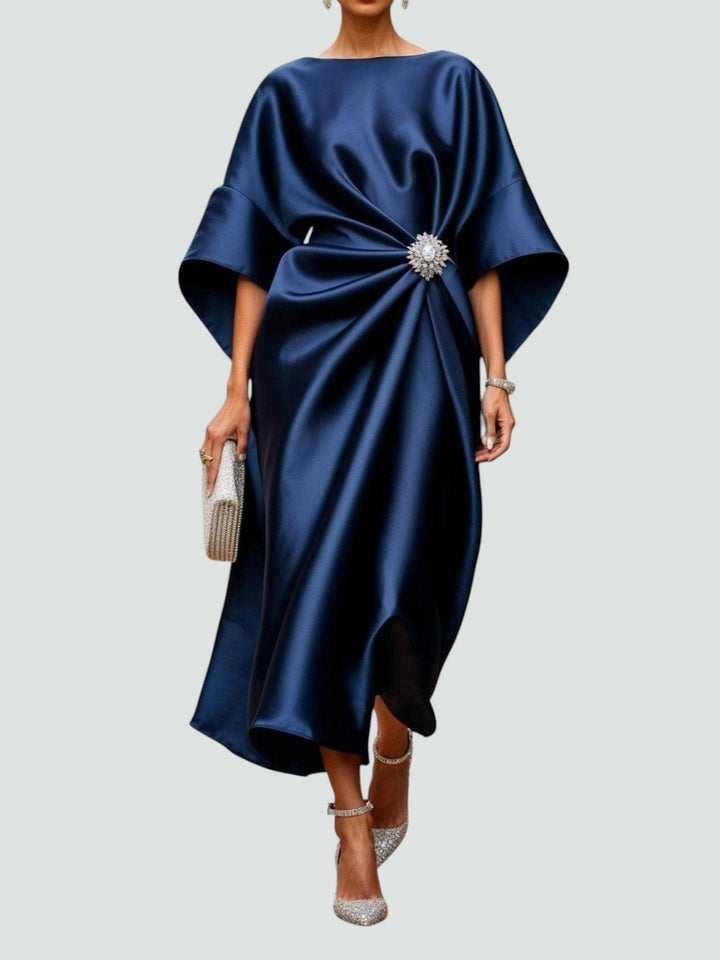 Women's Satin Batwing Sleeve Brooch Midi Dress
