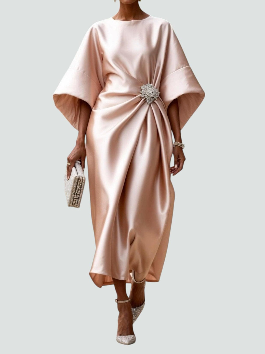 Women's Satin Batwing Sleeve Brooch Midi Dress