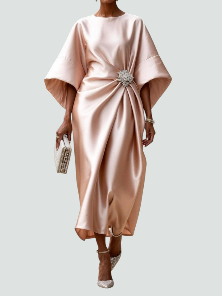 Women's Satin Batwing Sleeve Brooch Midi Dress