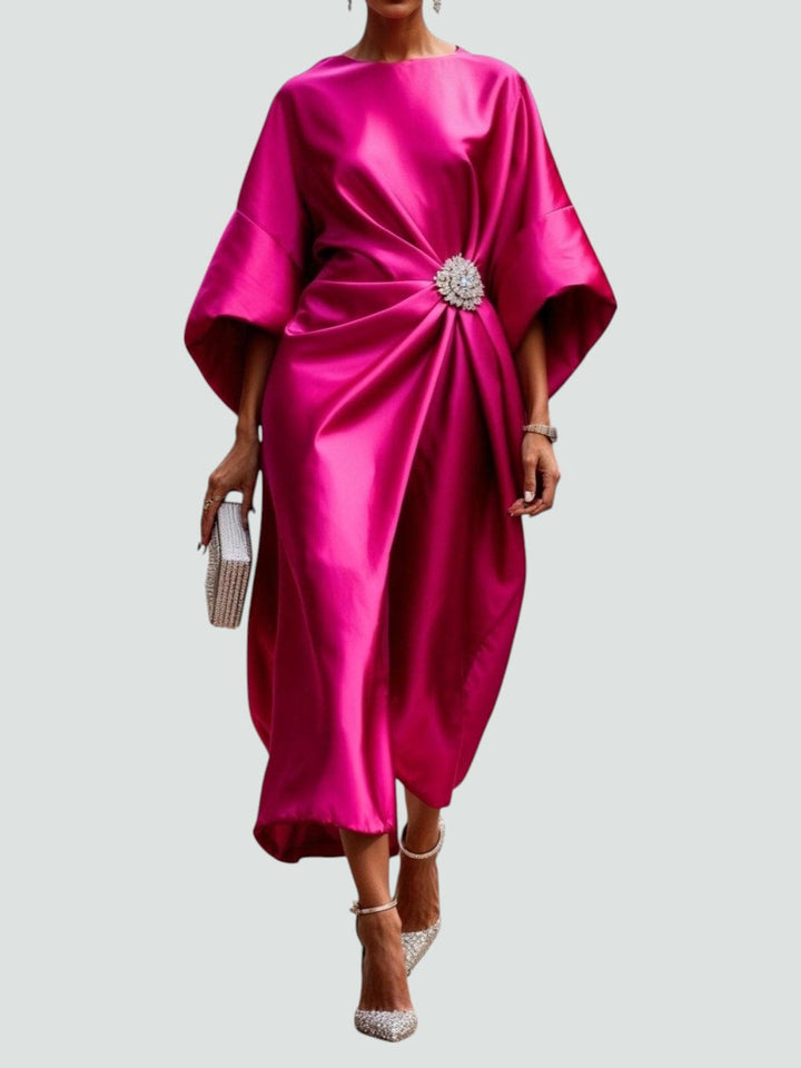 Women's Satin Batwing Sleeve Brooch Midi Dress