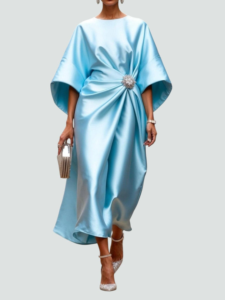 Women's Satin Batwing Sleeve Brooch Midi Dress