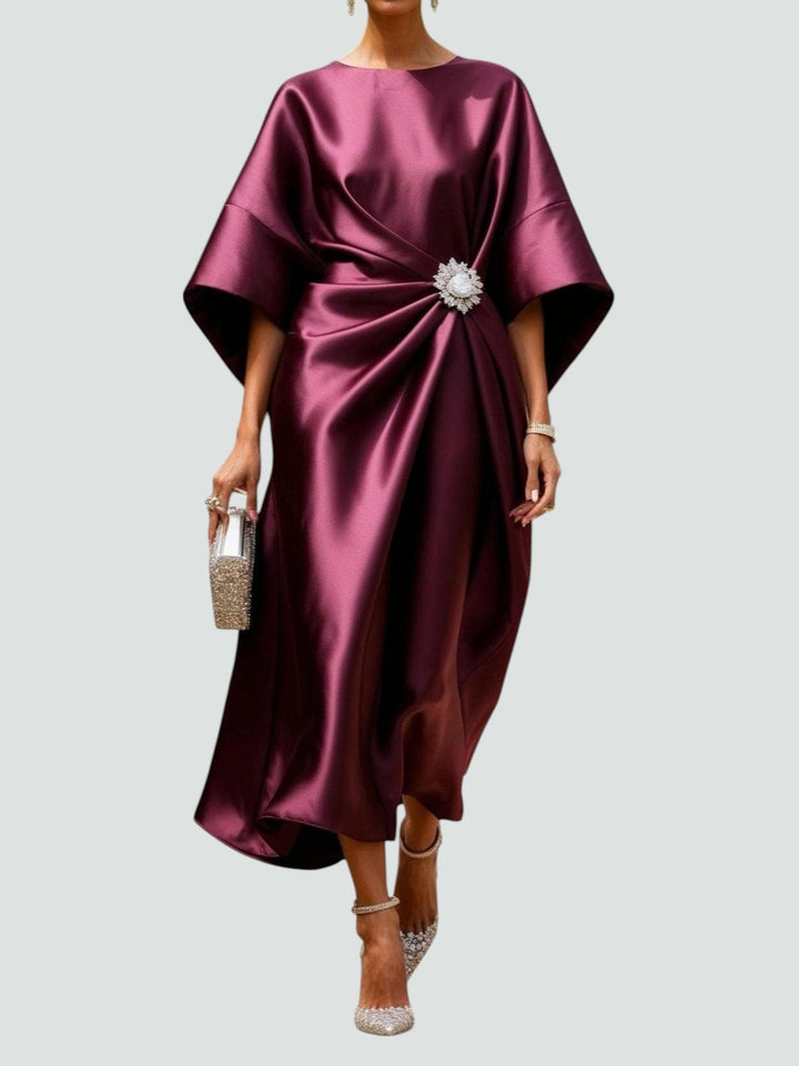 Women's Satin Batwing Sleeve Brooch Midi Dress