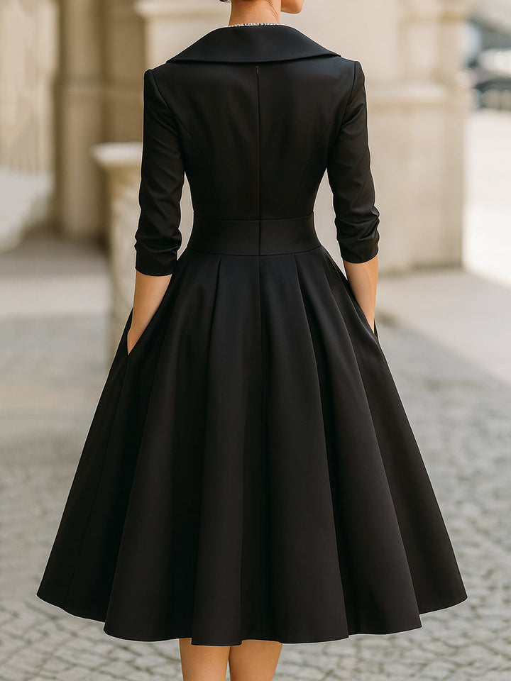 Women's Elegant A-Line Midi Dress with V-Neck