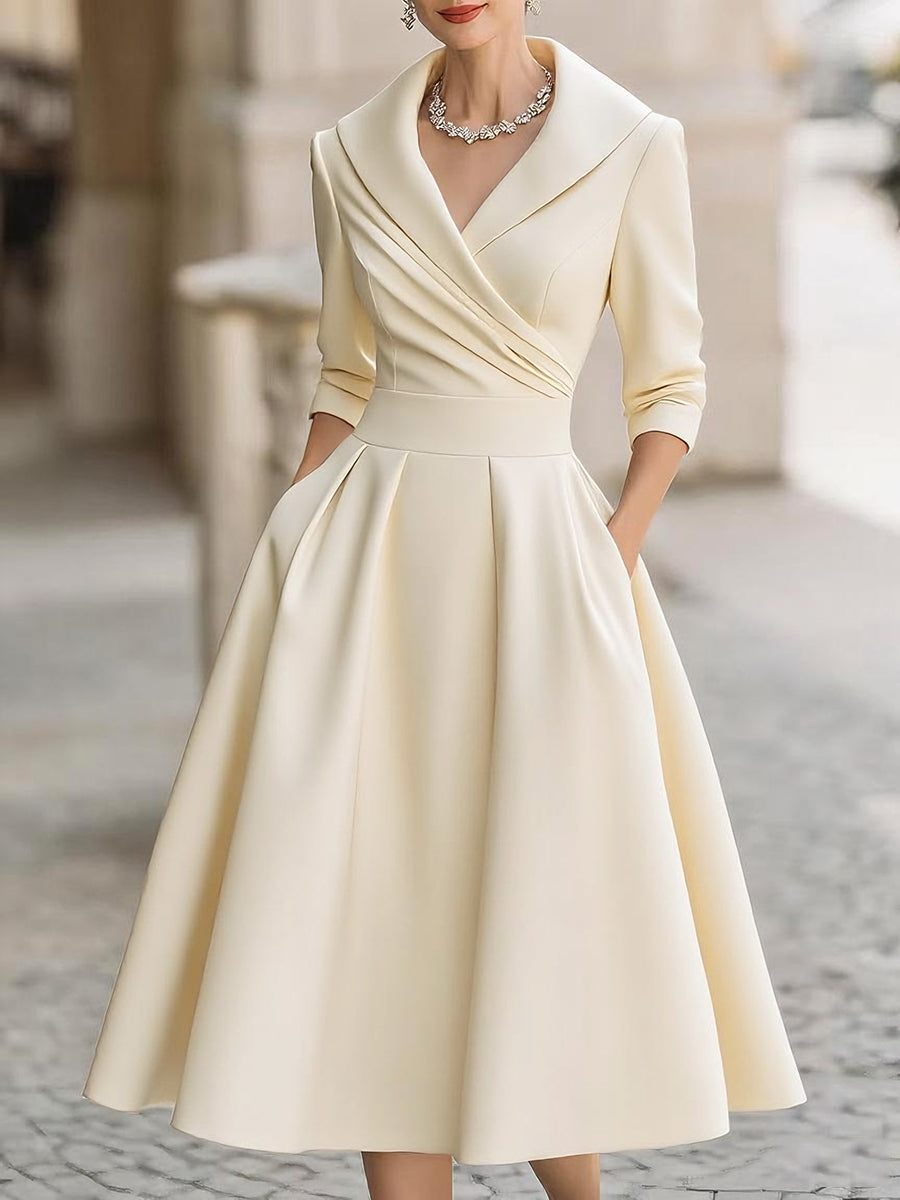 Women's Elegant A-Line Midi Dress with V-Neck