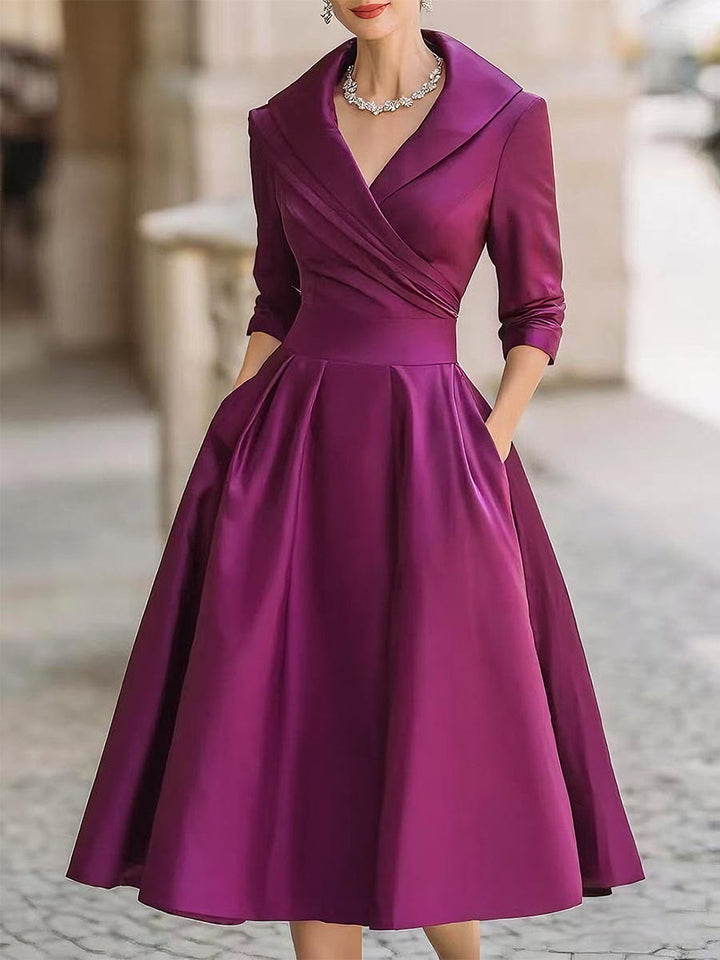 Women's Elegant A-Line Midi Dress with V-Neck