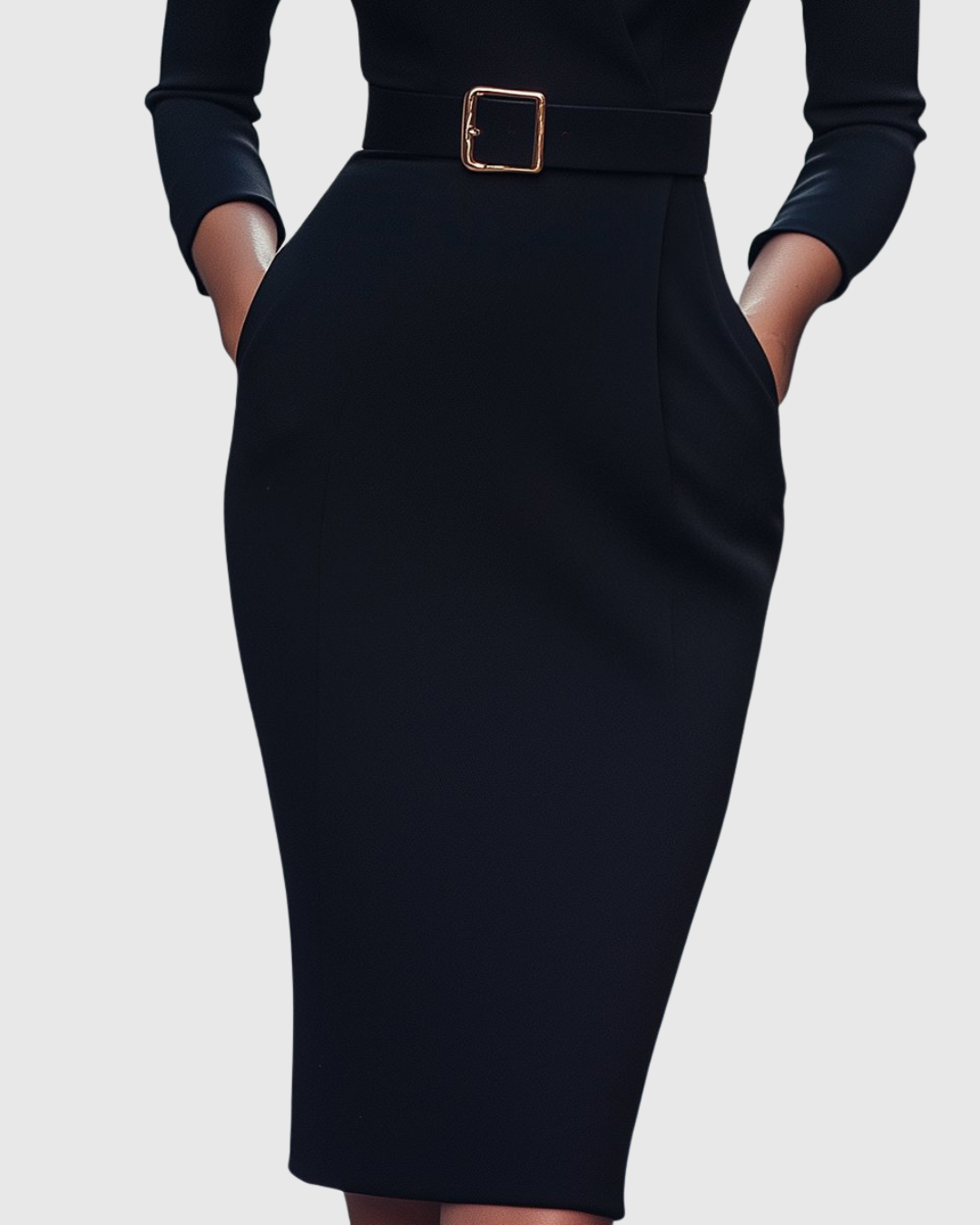Women's Belted Pencil Midi Dress Long Sleeve V-Neck