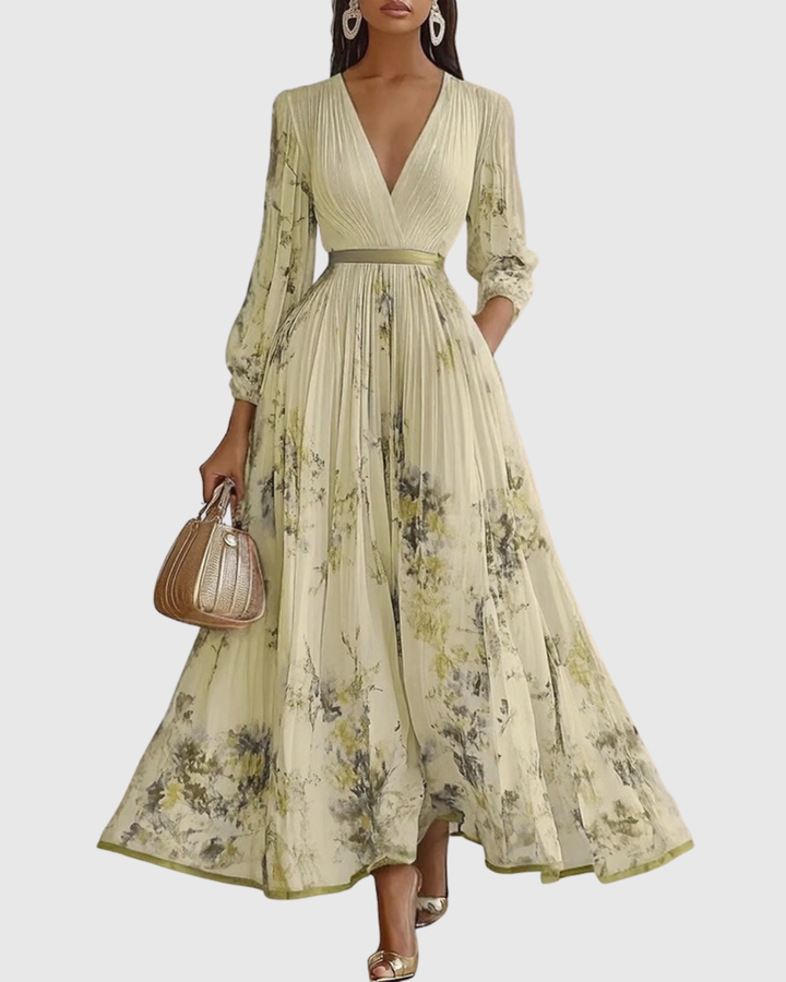 Women's Floral V-Neck Pleated Maxi Dress Ribbon Waist