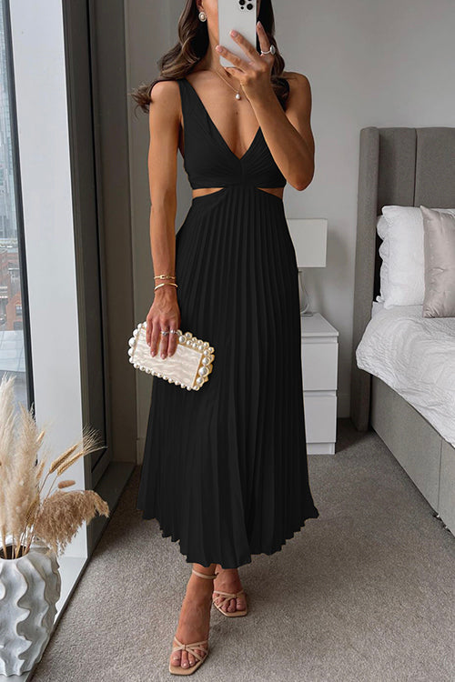 Women's Pleated V-Neck Maxi Dress for Wedding Guest