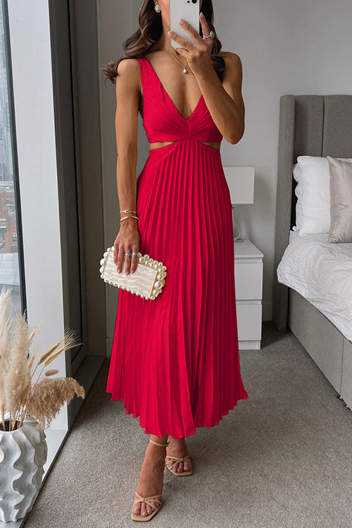 Women's Pleated V-Neck Maxi Dress for Wedding Guest