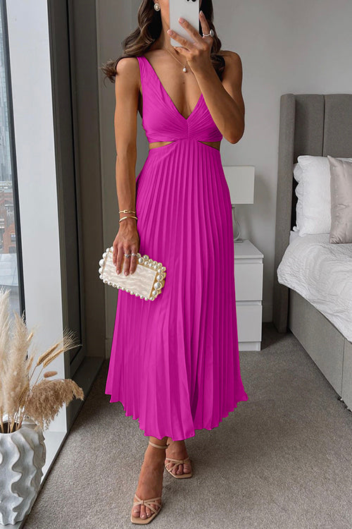 Women's Pleated V-Neck Maxi Dress for Wedding Guest