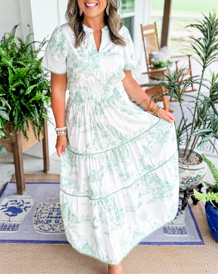 Women's Toile Print Tiered Maxi Dress with Smocked Waist
