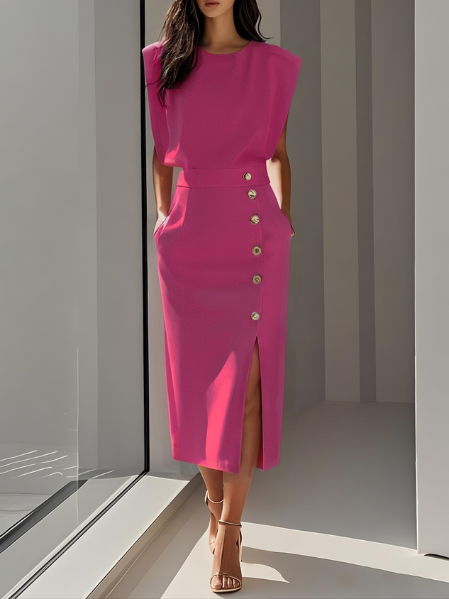 Women's Sleeveless Midi Dress Button Detail Side Split
