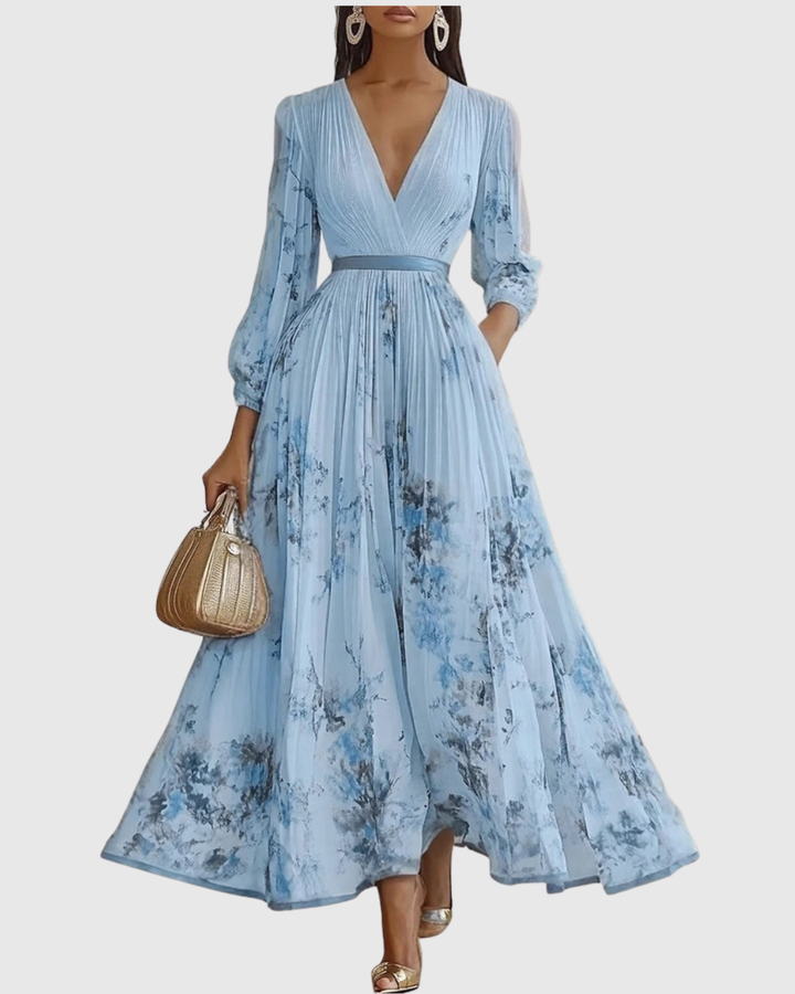 Women's Floral V-Neck Pleated Maxi Dress Ribbon Waist