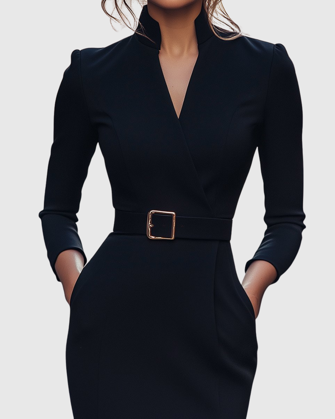 Women's Belted Pencil Midi Dress Long Sleeve V-Neck