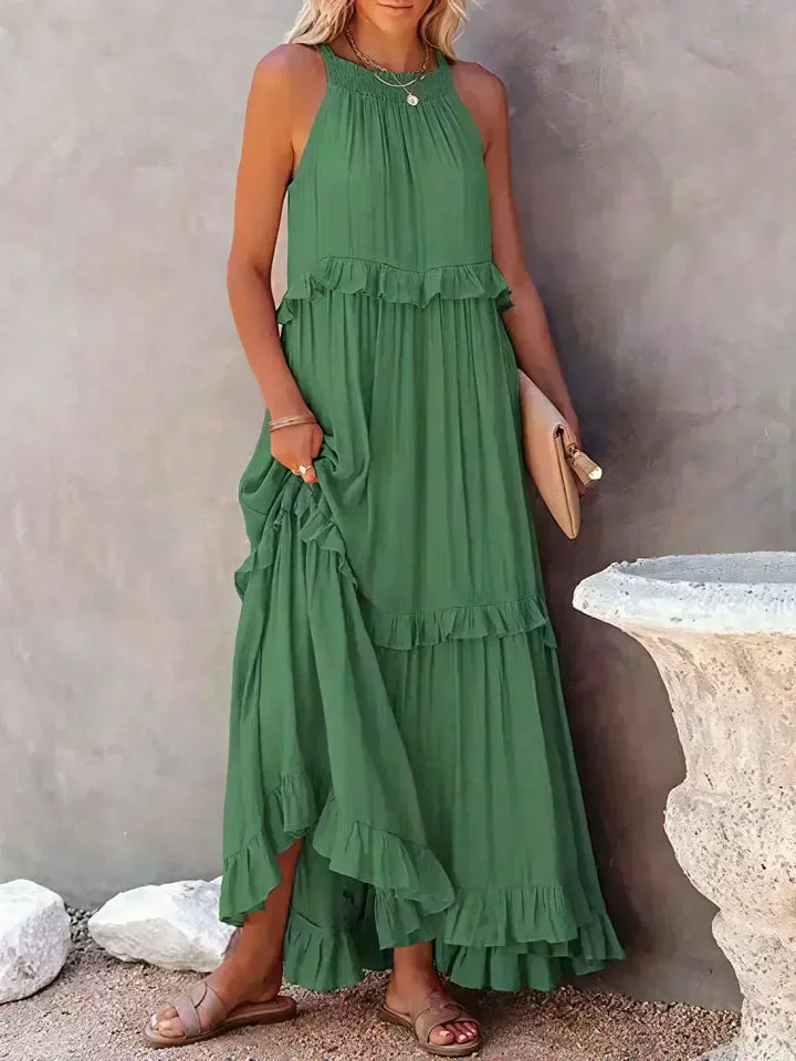 Women's Sleeveless Ruffle Maxi Dress with Halter Neck