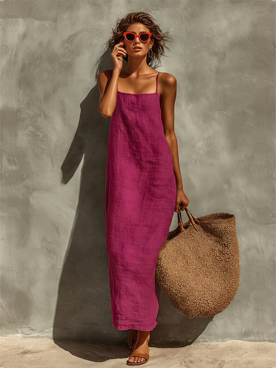 Women's Cotton Maxi Dress Spaghetti Strap Square Neck