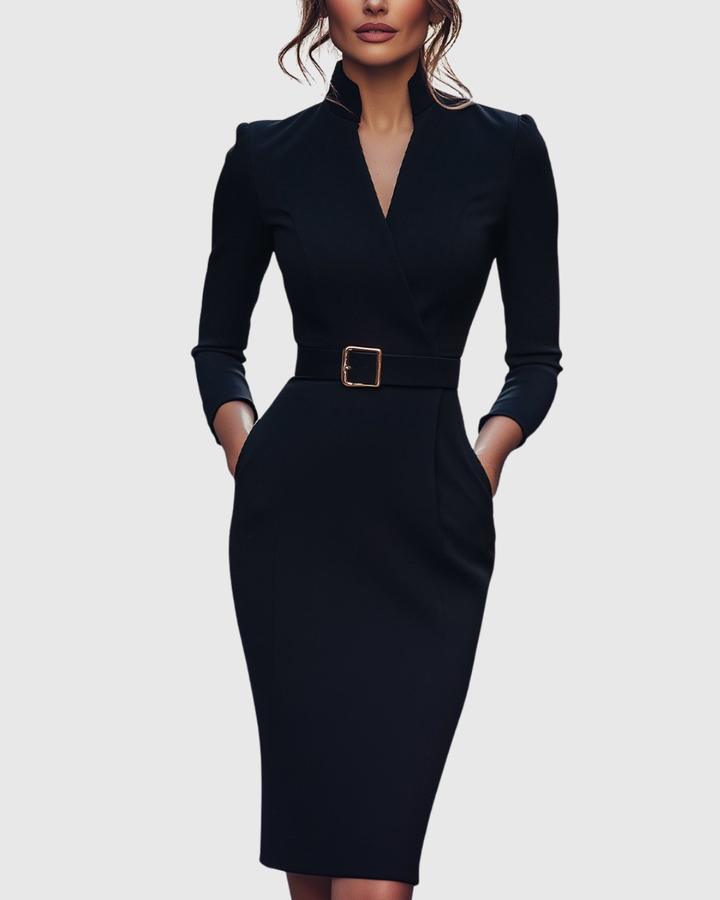 Women's Belted Pencil Midi Dress Long Sleeve V-Neck