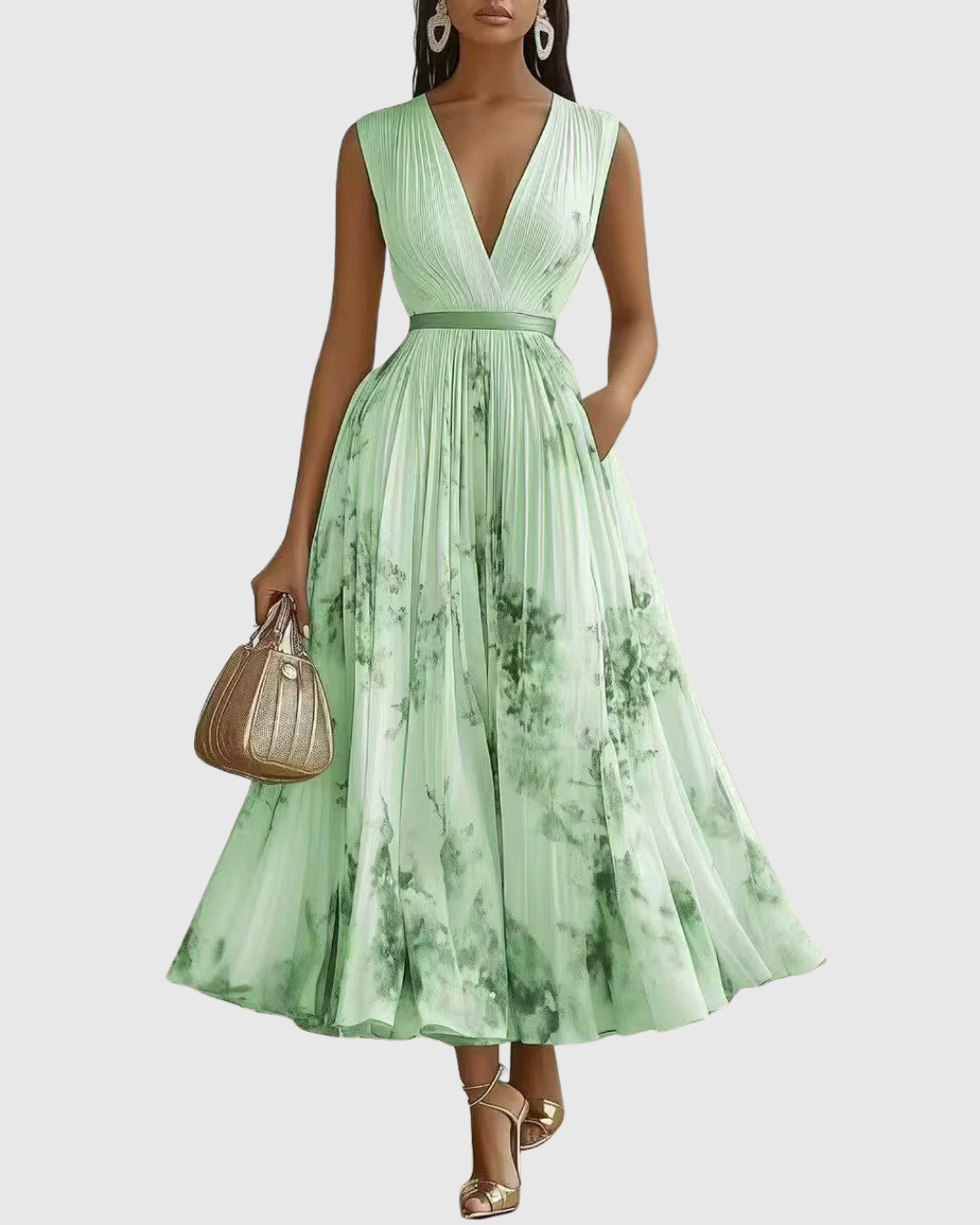 Women's Floral V-Neck Pleated Maxi Dress Ribbon Waist