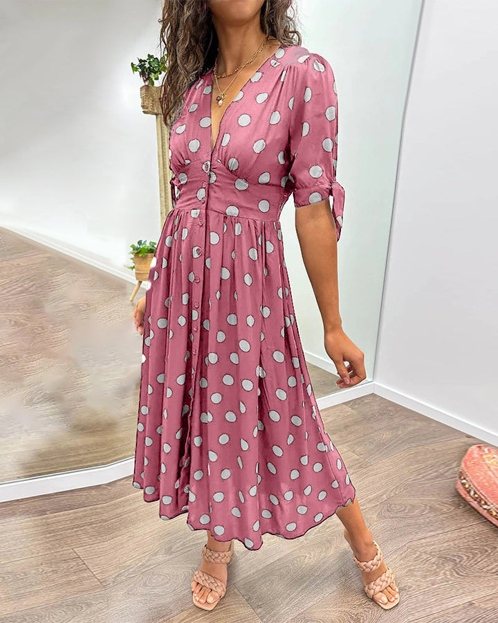 Women's Polka Dot V-Neck Midi Dress with Belt