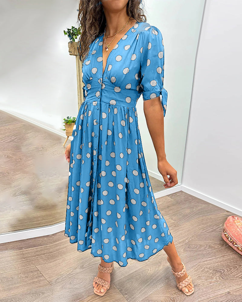 Women's Polka Dot V-Neck Midi Dress with Belt