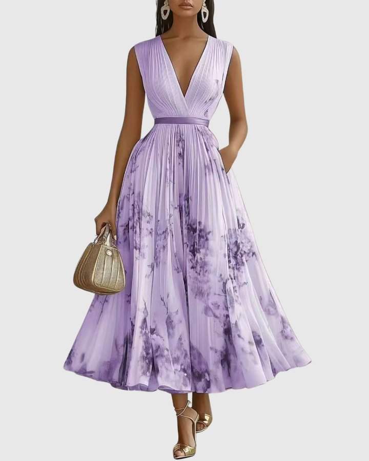 Women's Floral V-Neck Pleated Maxi Dress Ribbon Waist