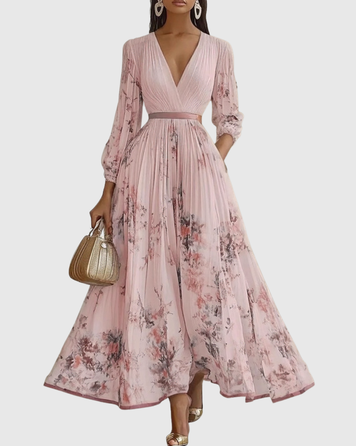 Women's Floral V-Neck Pleated Maxi Dress Ribbon Waist
