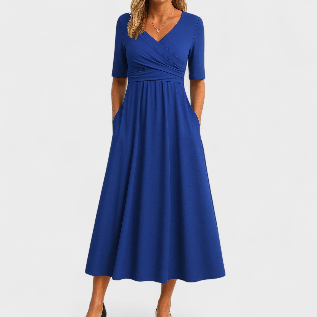 Women's V-Neck Wrap Bodice Midi Dress with Pockets