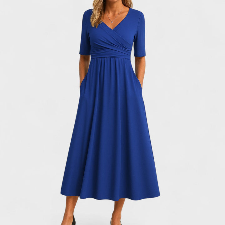 Women's V-Neck Wrap Bodice Midi Dress with Pockets