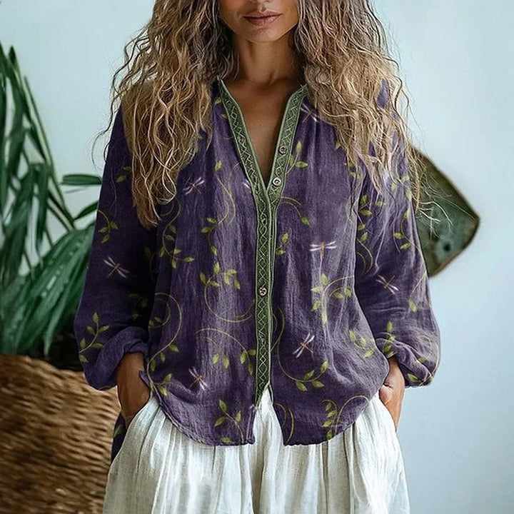 Women's Printed Boho Blouse with V-Neck and Long Sleeves