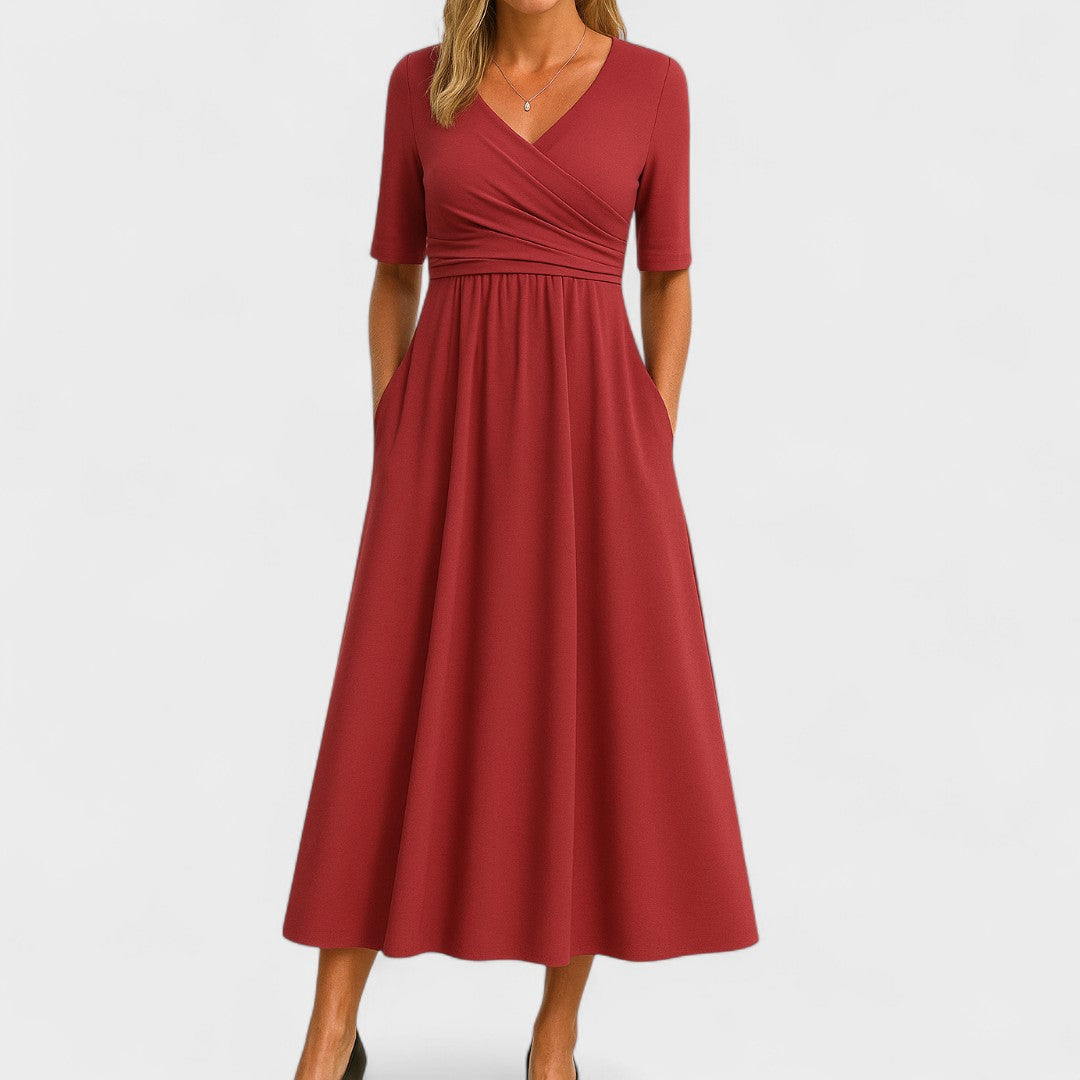 Women's V-Neck Wrap Bodice Midi Dress with Pockets