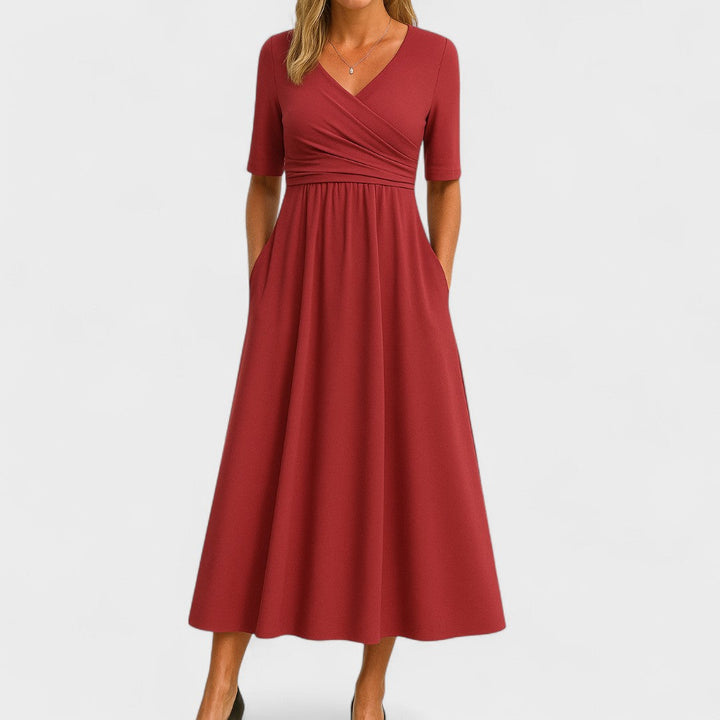 Women's V-Neck Wrap Bodice Midi Dress with Pockets