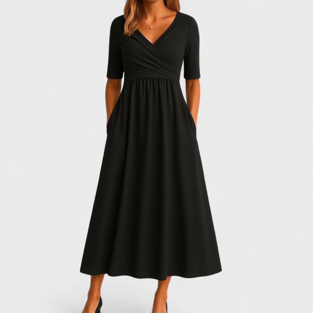 Women's V-Neck Wrap Bodice Midi Dress with Pockets