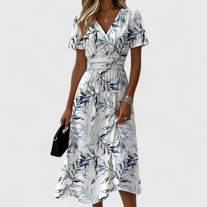 Women's Blue Floral Print V-Neck Midi Wrap Dres