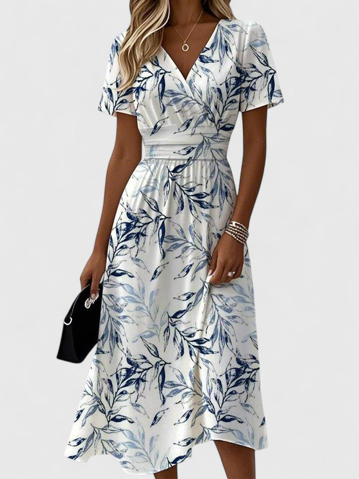 Women's Blue Floral Print V-Neck Midi Wrap Dres